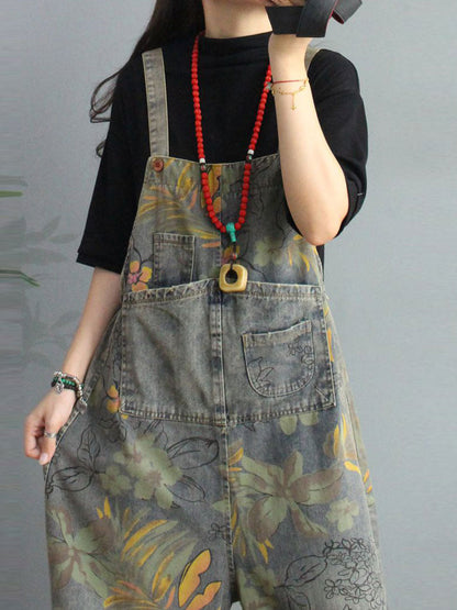 Botanical Print Denim Dungarees - Gathered Cuff Fit