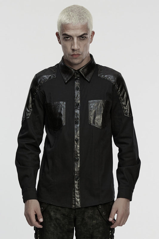 Black Lapel Collar Long Sleeves Stitching Eyelet Men's Punk Blouse