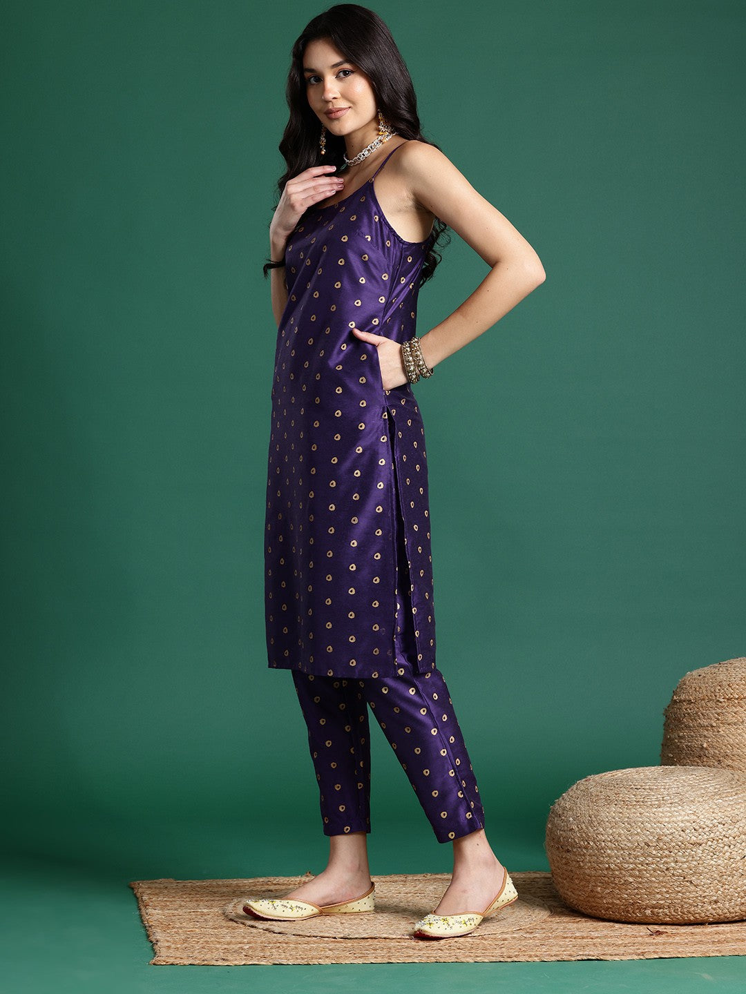 Bandhani Printed Shoulder Straps Kurta Set With Dupatta