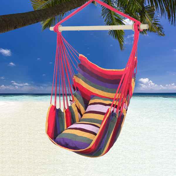 Rainbow Cotton Canvas Hanging Rope Chair – 250 lb Capacity with 2 Pillows for Indoor & Outdoor Use