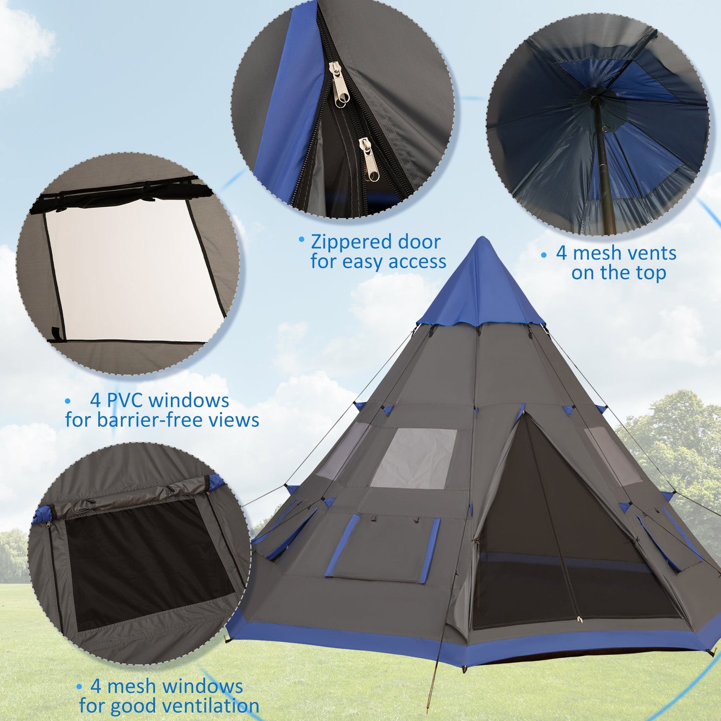 6–7 Person Teepee Camping Tent – 12ft Waterproof 3-Season Tent with 8 Mesh Windows