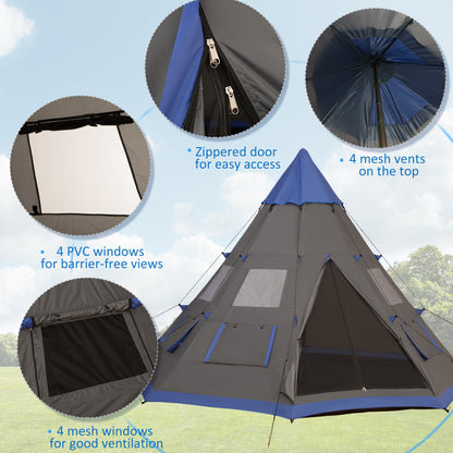 6–7 Person Teepee Camping Tent – 12ft Waterproof 3-Season Tent with 8 Mesh Windows