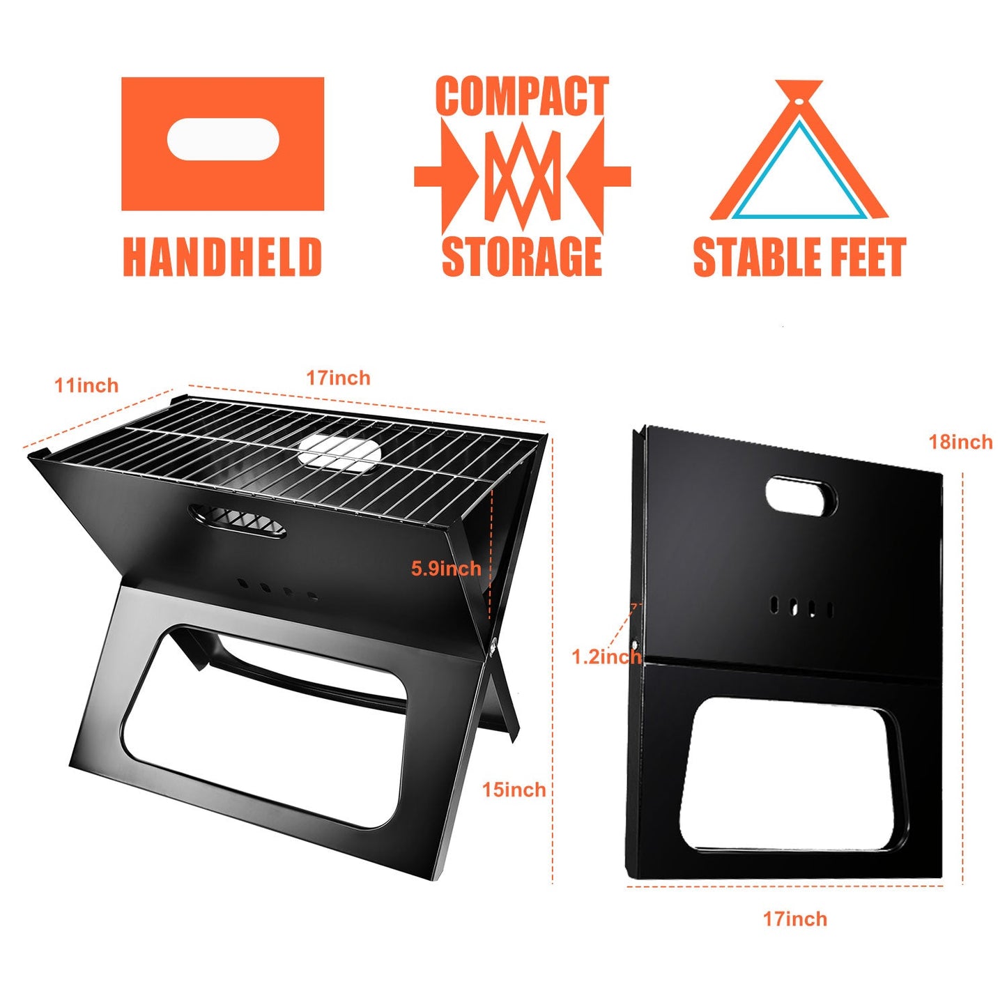Foldable Portable Charcoal BBQ Grill – 170 sq in Cooking Surface