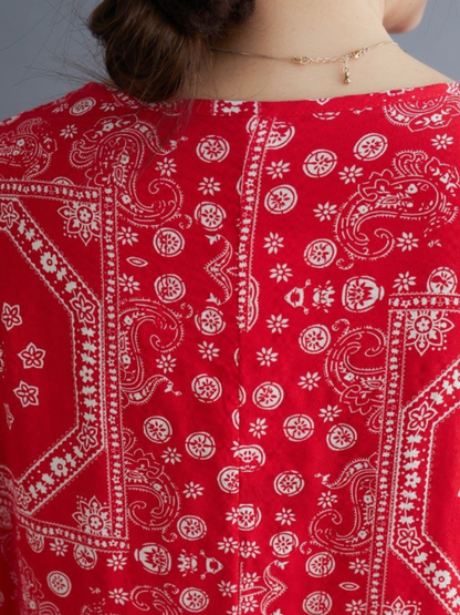 Bandana Mosaic Printed Cotton Relaxed Midi Dress with Soft Drape