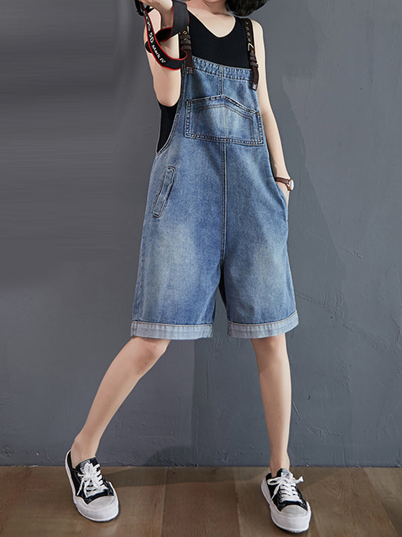 Denim Short Dungarees - Washed Blue Wide Leg Overall