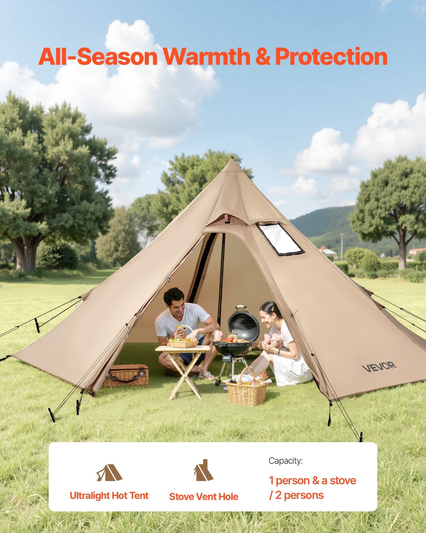 2-Person Hot Tent with Stove Jack | 4-Season Waterproof Tipi Camping Tent