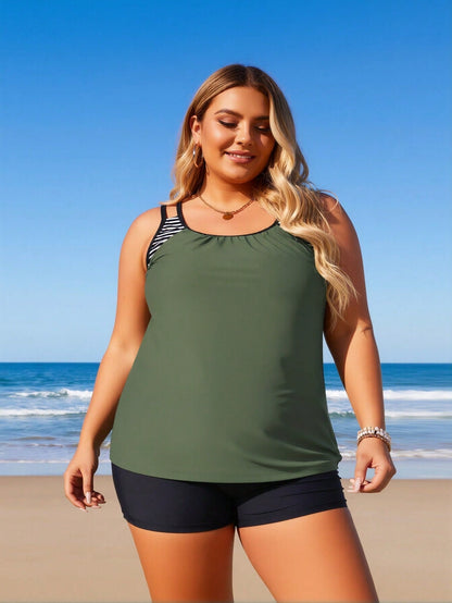 Women's Plus Size Army Green Striped Strap Boyleg Two-Piece Swimsuit