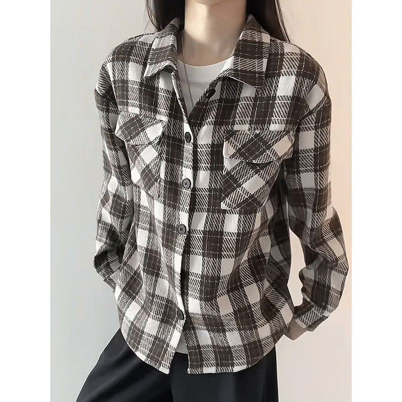 Women's Relaxed-Fit Plaid Cardigan Shirt – Casual Flannel-Style Top