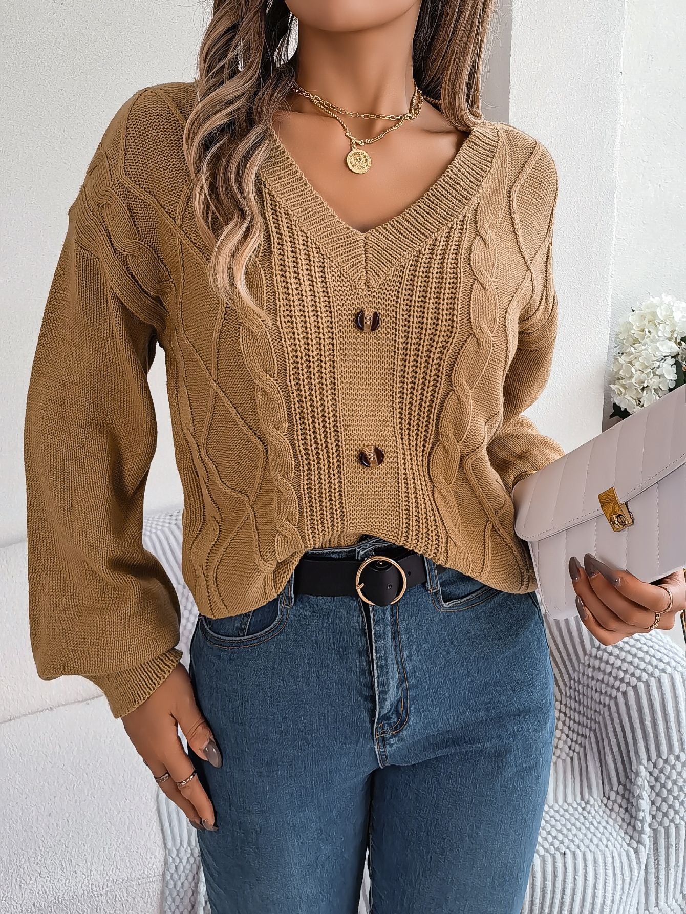 Women's V-Neck Cable-Knit Puff-Sleeve Pullover Sweater – 5 Colors