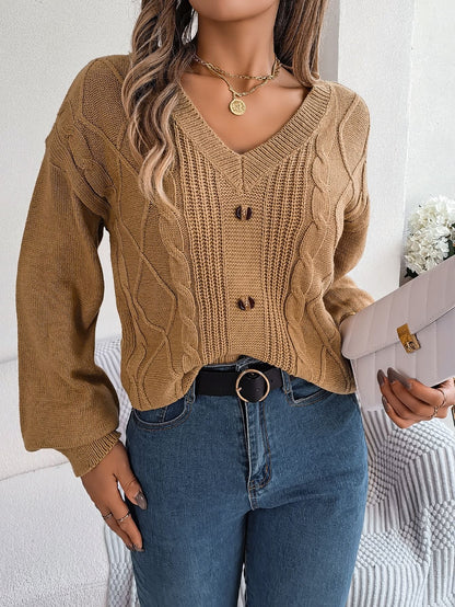 Women's V-Neck Cable-Knit Puff-Sleeve Pullover Sweater – 5 Colors
