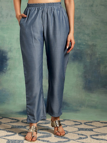 Blue Floral Yoke Design Zari Straight Kurta With Trousers & Dupatta