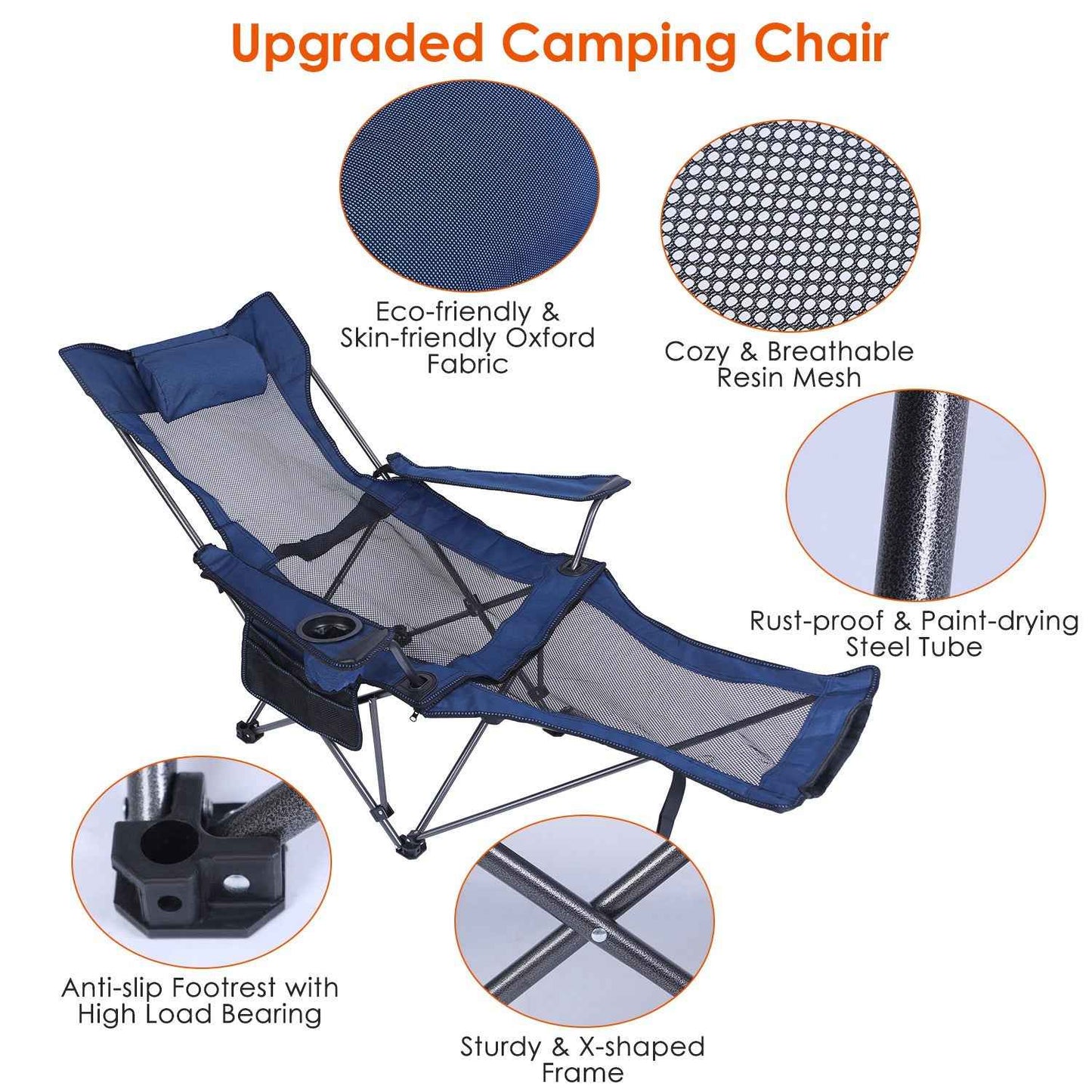 Reclining Foldable Camping Chair – 330 lb Heavy-Duty Steel with Cup Holder, Side Pocket & Carry Bag