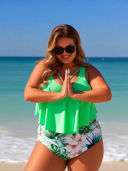 Women's Plus Size Ruffled Botanical Print High-Waist Bikini Set