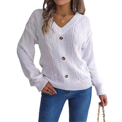 Women's V-Neck Cable-Knit Puff-Sleeve Pullover Sweater – 5 Colors