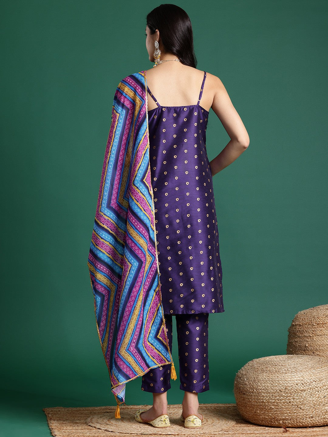 Bandhani Printed Shoulder Straps Kurta Set With Dupatta