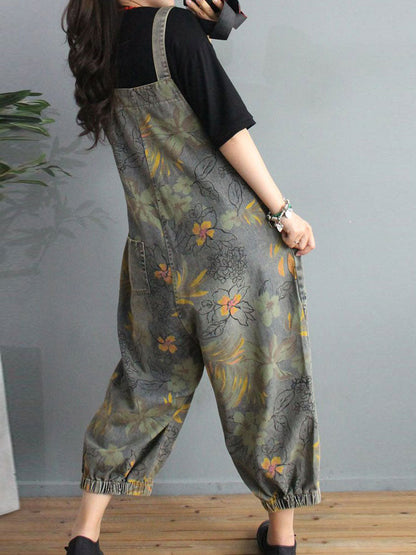 Botanical Print Denim Dungarees - Gathered Cuff Fit