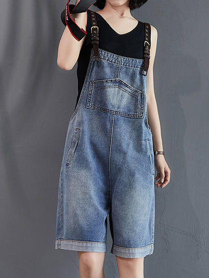Denim Short Dungarees - Washed Blue Wide Leg Overall