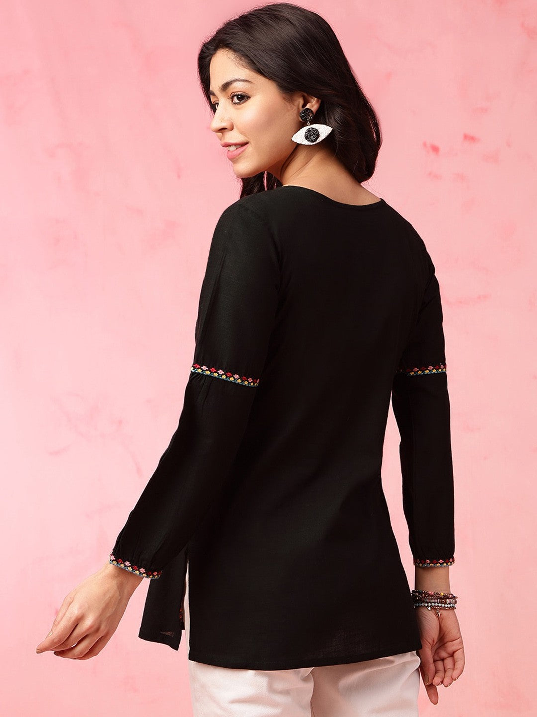 Black Geometric Embroidered Tie Up Neck Pure Cotton Kurti