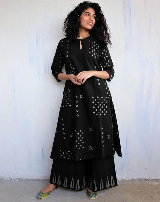 Black Cotton Kurta Palazzo Set