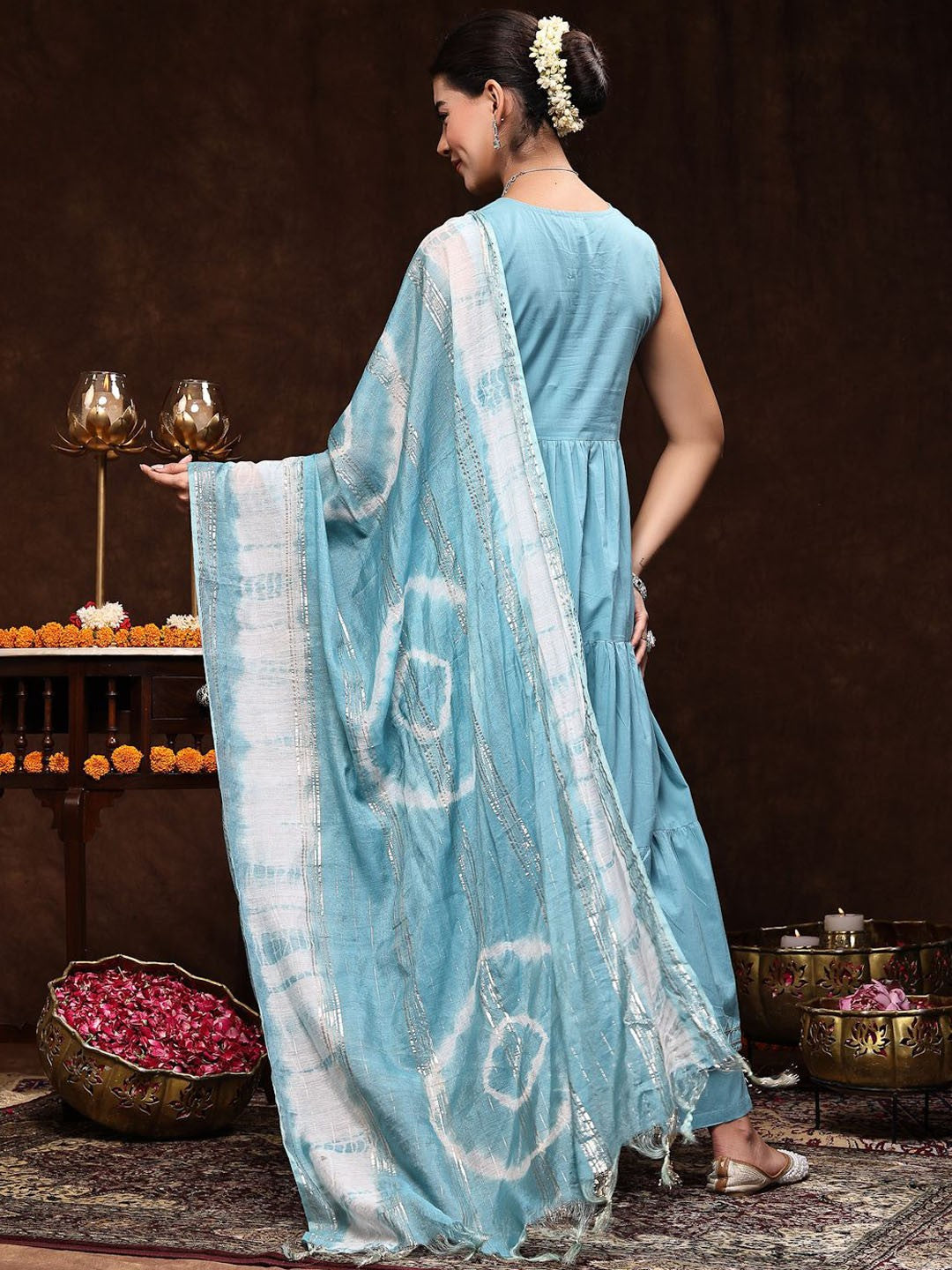 Blue & White Floral Yoke Design Pure Cotton Anarkali Kurta & Trousers With Dupatta