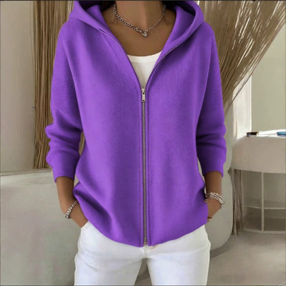 Women's Zip-Up Knitted Hooded Cardigan – Cozy Casual Sweater