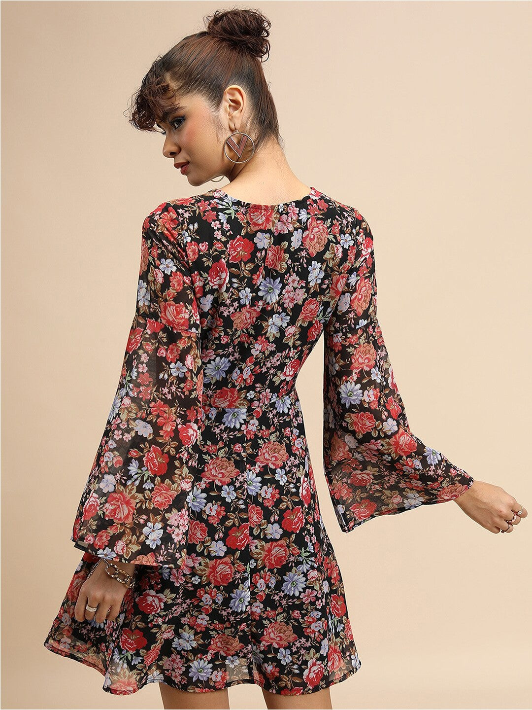 Black & Red Floral Printed Fit & Flare Mini Dress