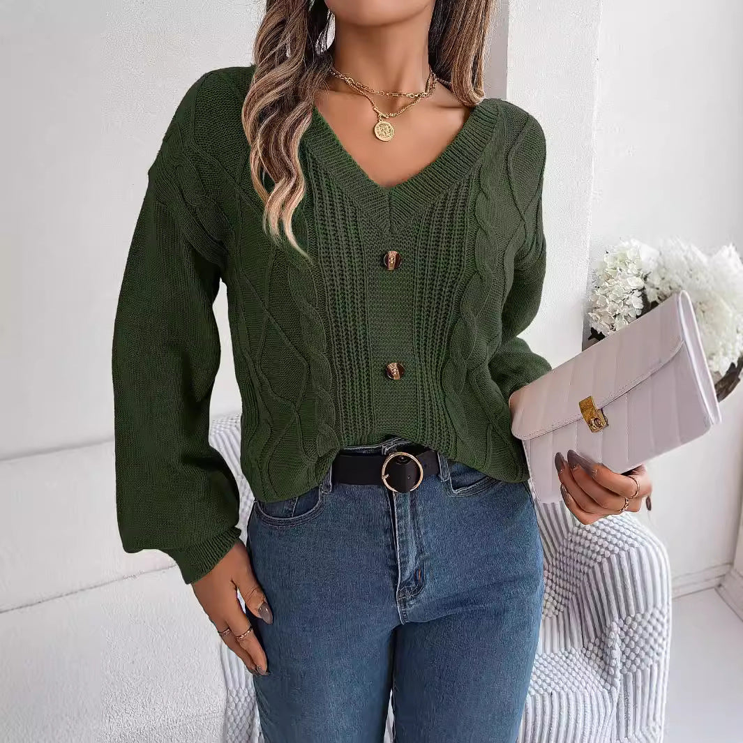 Women's V-Neck Cable-Knit Puff-Sleeve Pullover Sweater – 5 Colors