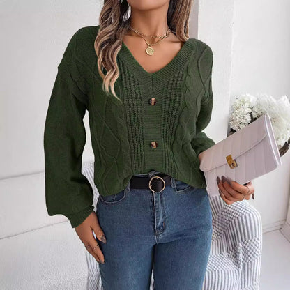 Women's V-Neck Cable-Knit Puff-Sleeve Pullover Sweater – 5 Colors