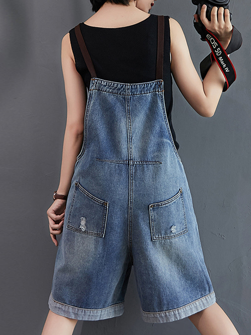 Denim Short Dungarees - Washed Blue Wide Leg Overall