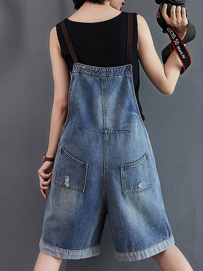 Denim Short Dungarees - Washed Blue Wide Leg Overall