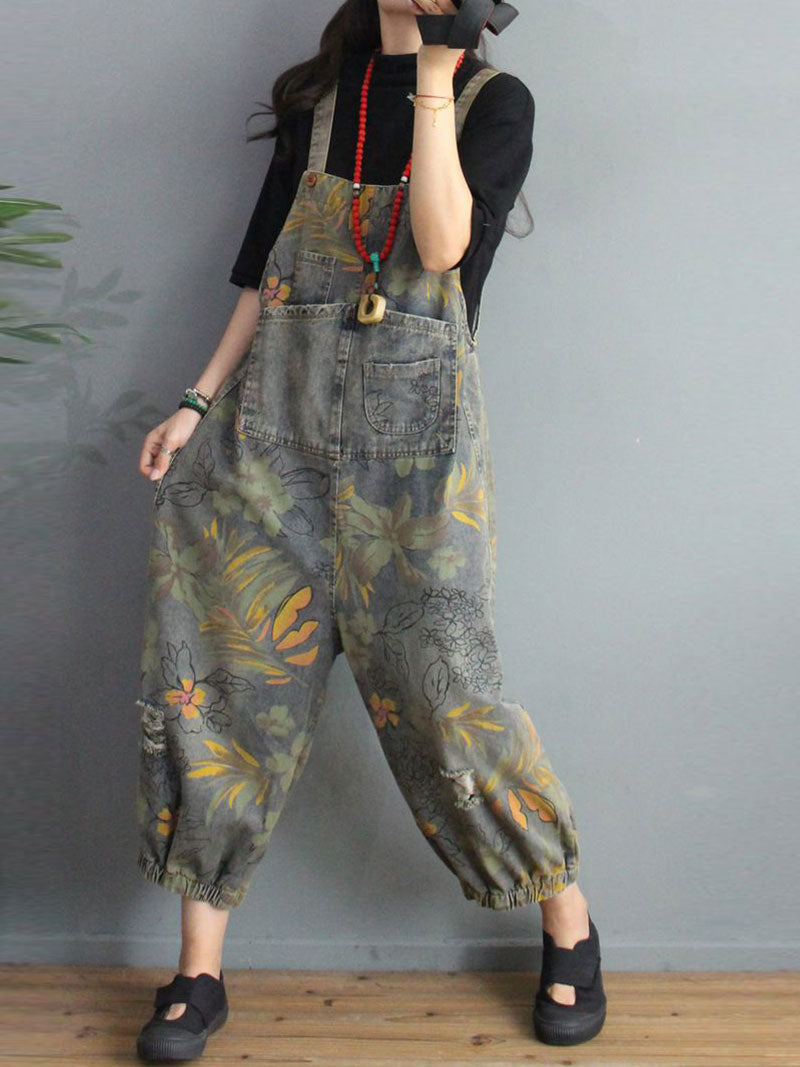 Botanical Print Denim Dungarees - Gathered Cuff Fit