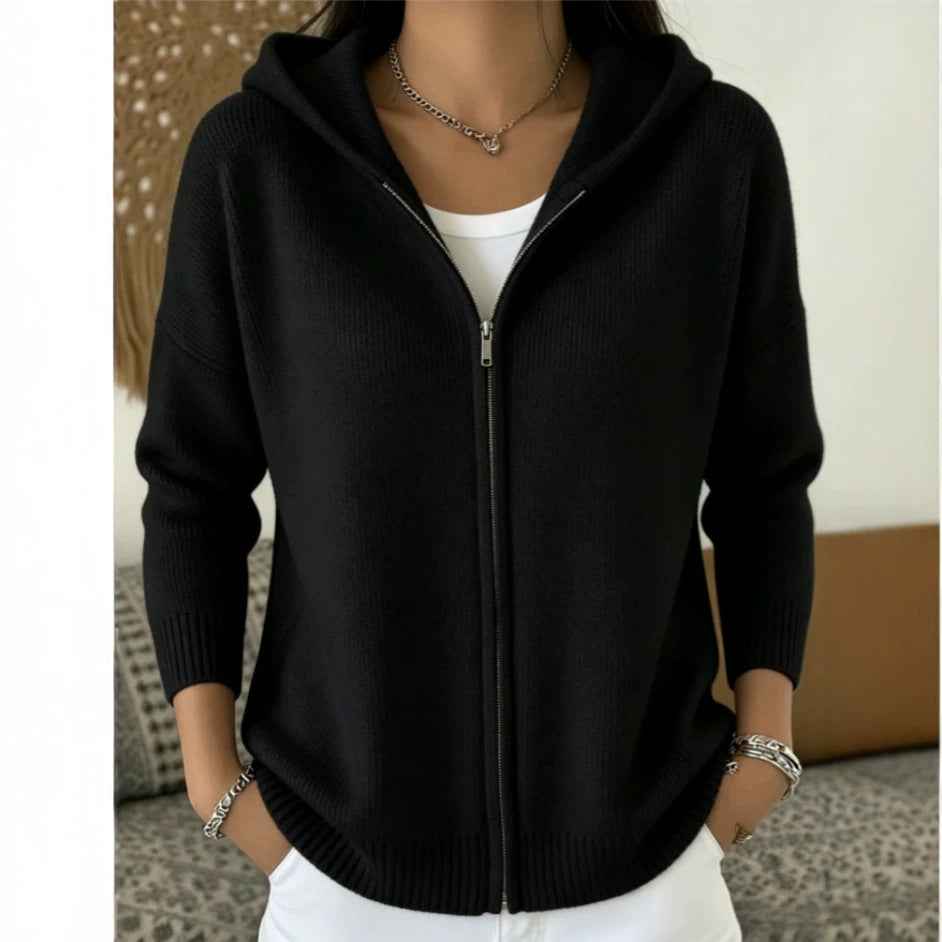 Women's Zip-Up Knitted Hooded Cardigan – Cozy Casual Sweater
