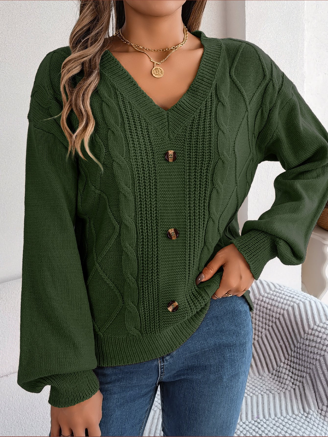 Women's V-Neck Cable-Knit Puff-Sleeve Pullover Sweater – 5 Colors