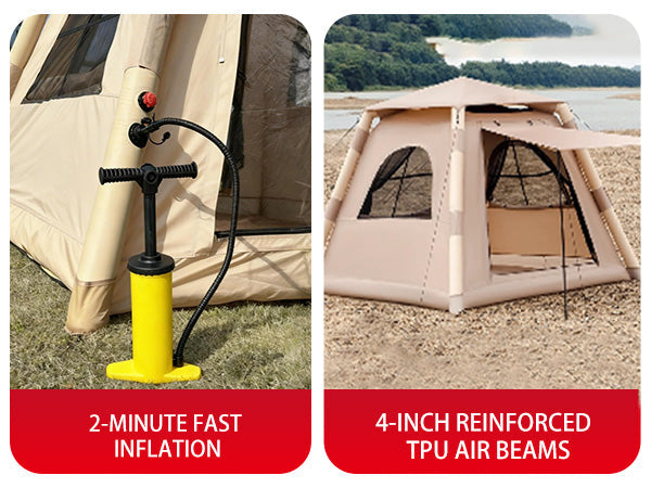 2–4 Person Quick-Inflate Camping Tent – Waterproof Oxford with Mesh Windows & Carry Bag | Khaki