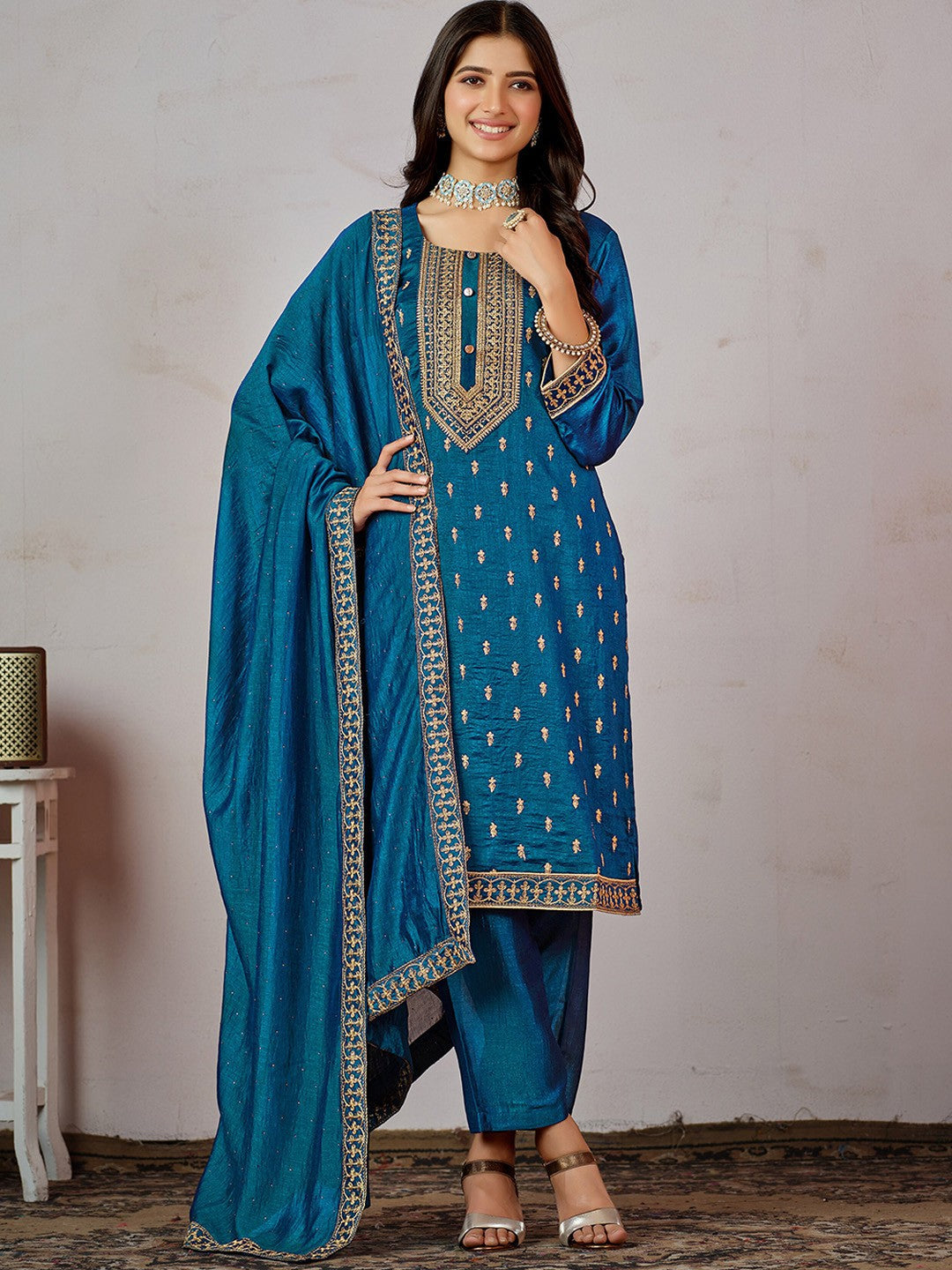 Blue Ethnic Motifs Embroidered Kurta with Churidar & Dupatta