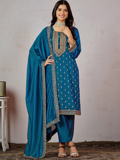Blue Ethnic Motifs Embroidered Kurta with Churidar & Dupatta