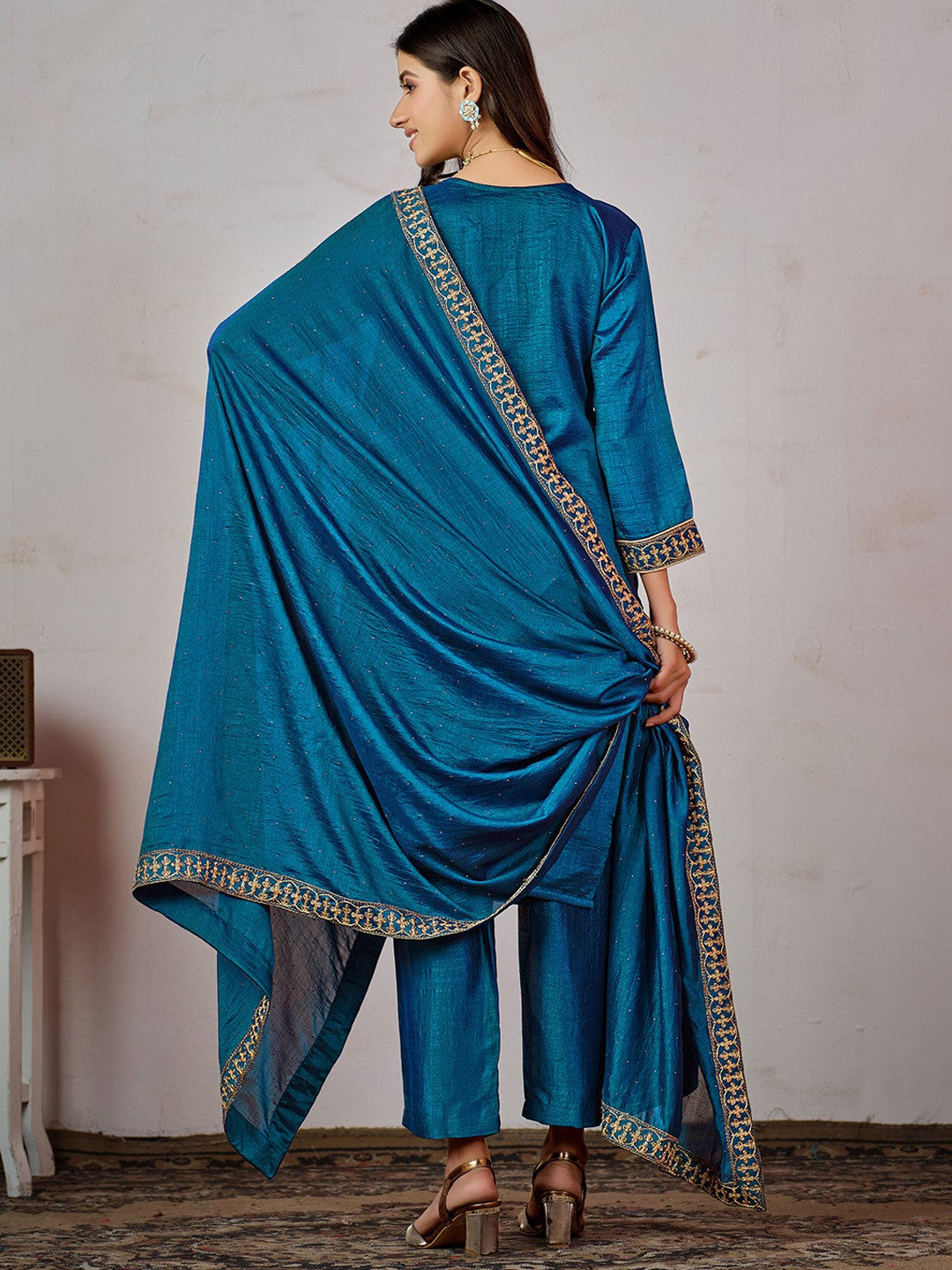 Blue Ethnic Motifs Embroidered Kurta with Churidar & Dupatta