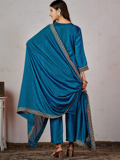 Blue Ethnic Motifs Embroidered Kurta with Churidar & Dupatta
