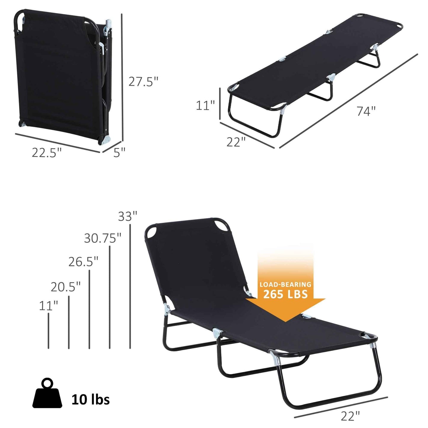 Folding Sun Lounger | 5-Position Reclining Beach & Pool Chair with Steel Frame