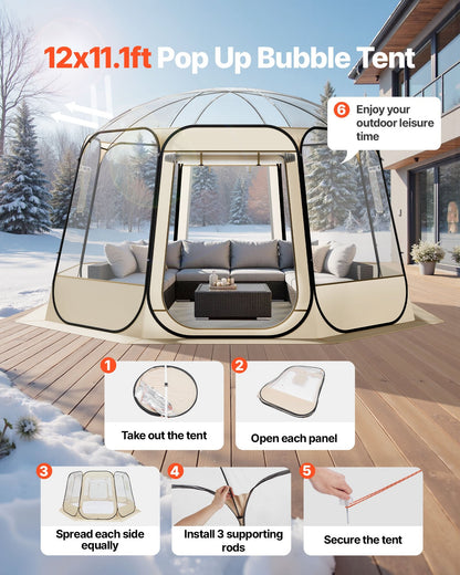 Clear Bubble Dome Tent | 12x11.1 FT Pop-Up Igloo for 10-12 People | 540° View