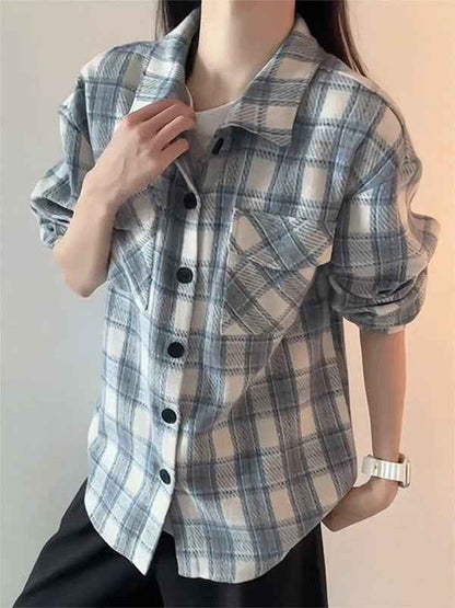Women's Relaxed-Fit Plaid Cardigan Shirt – Casual Flannel-Style Top
