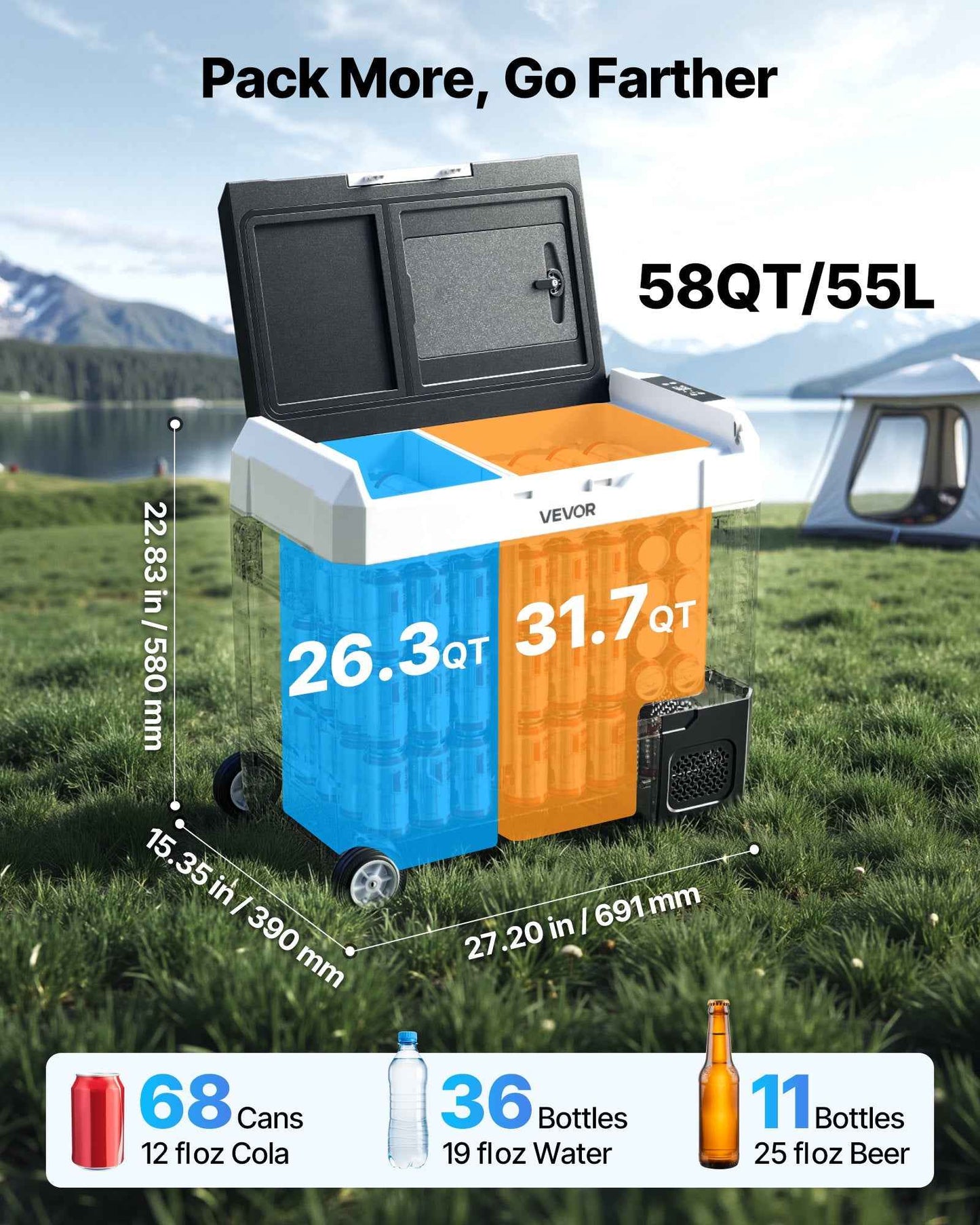 12V Portable Car Fridge Freezer 58QT | Dual Zone, Wheels & App Control