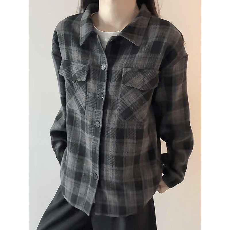 Women's Relaxed-Fit Plaid Cardigan Shirt – Casual Flannel-Style Top