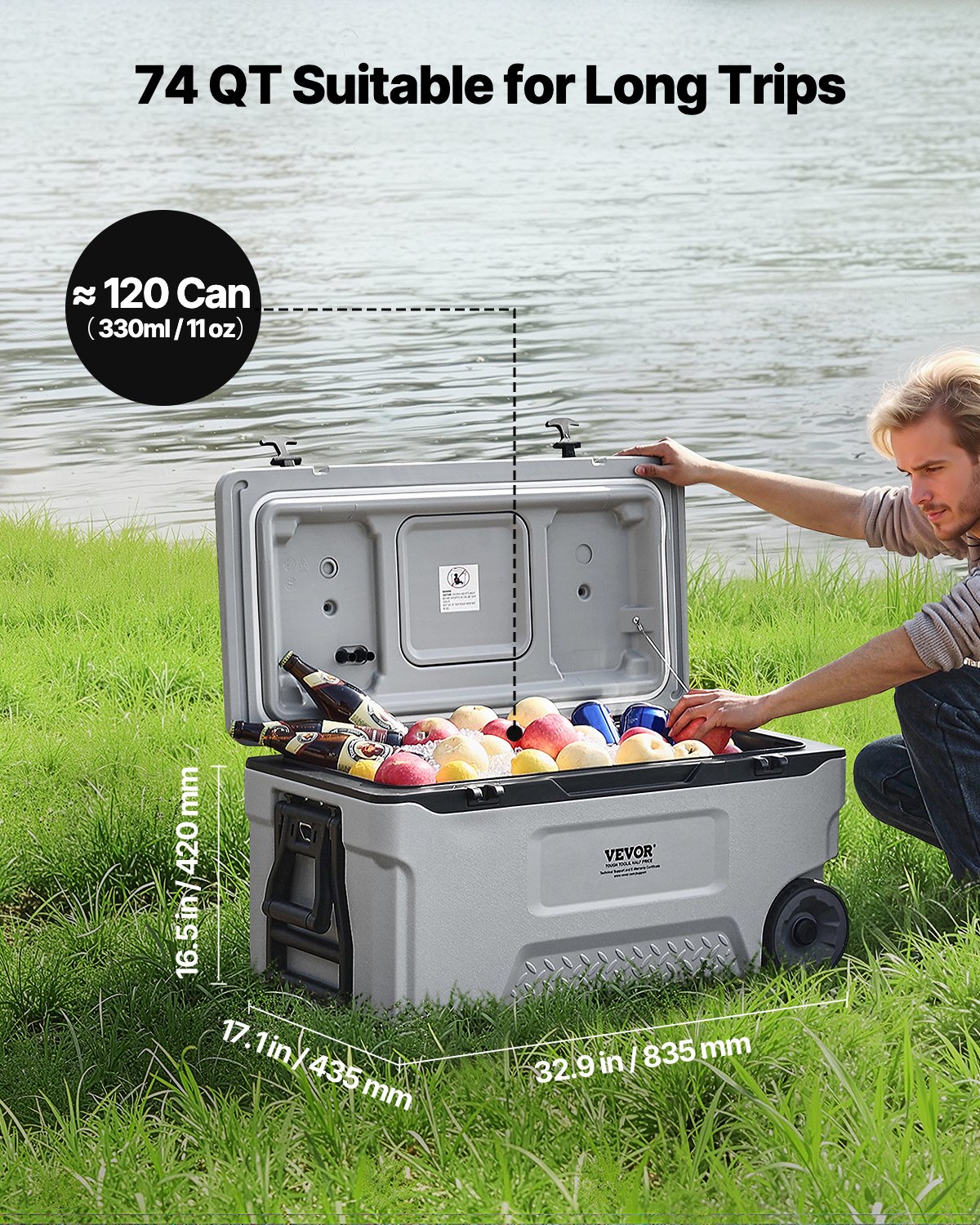 Portable Hard Cooler 74QT | 120-Can Wheeled Cooler with Cup Holder