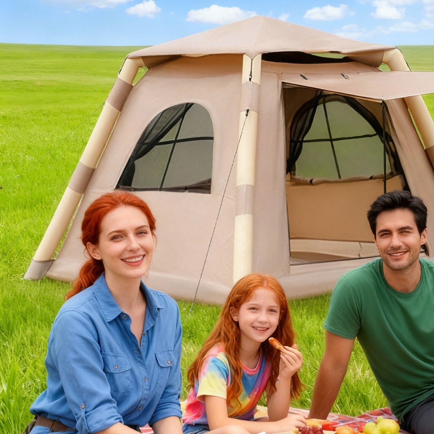 2–4 Person Quick-Inflate Camping Tent – Waterproof Oxford with Mesh Windows & Carry Bag | Khaki