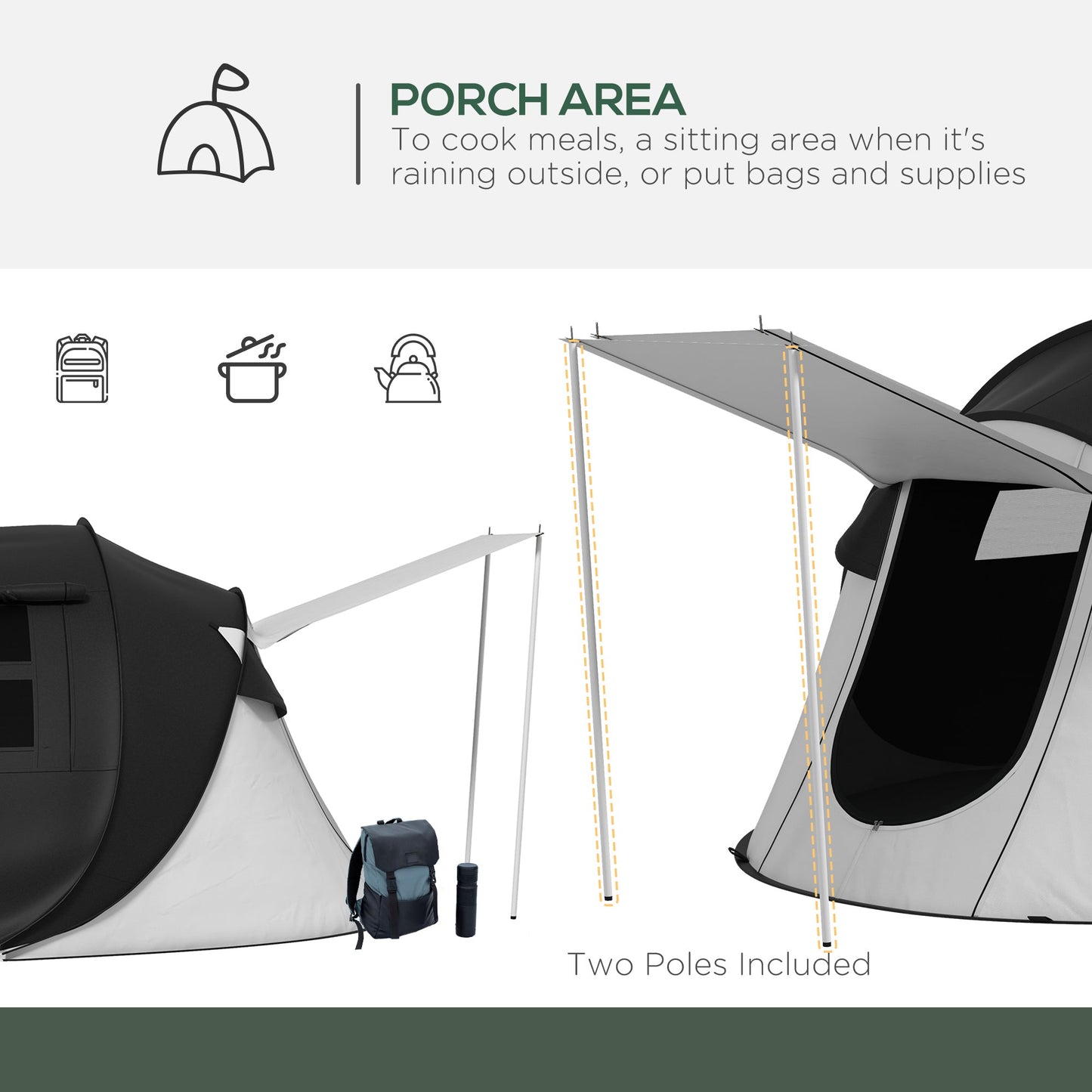 2–3 Person Pop-Up Tent with Porch – 3000mm Waterproof, Mesh Windows, Welded Floor & Carry Bag