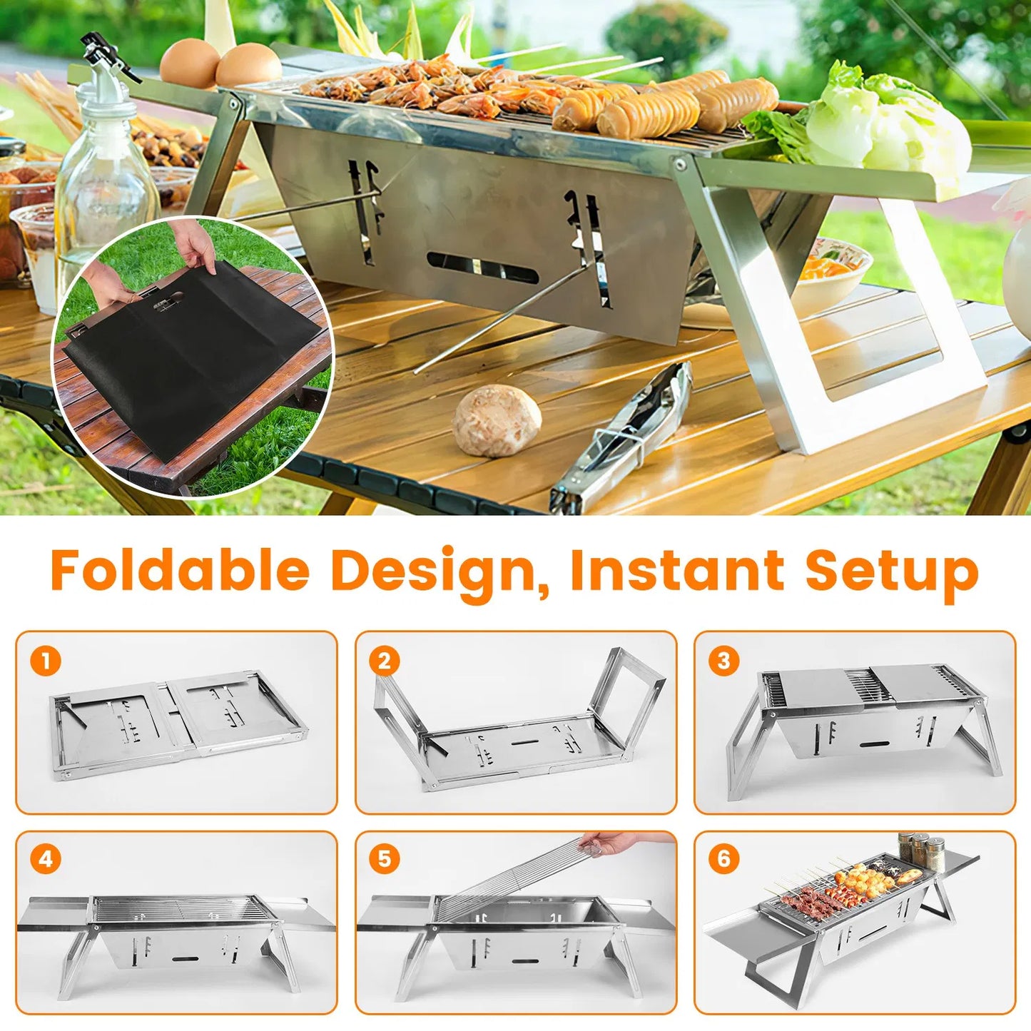 3-in-1 Foldable Charcoal Grill, Fire Pit & Slow Cooker – 201 Stainless Steel, 1472°F Rated for Camping & BBQ