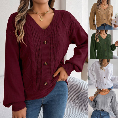 Women's V-Neck Cable-Knit Puff-Sleeve Pullover Sweater – 5 Colors