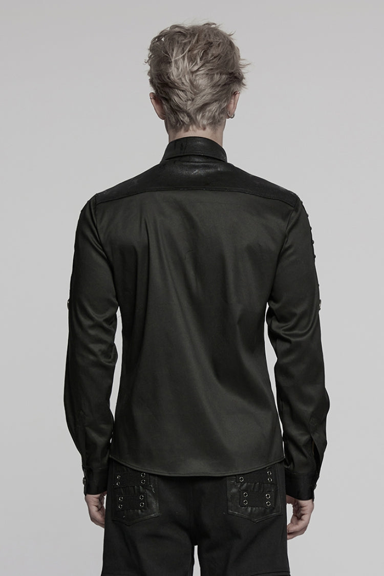 Black Lapel Collar Long Sleeves Stitching Pin Mesh Men's Punk Blouse