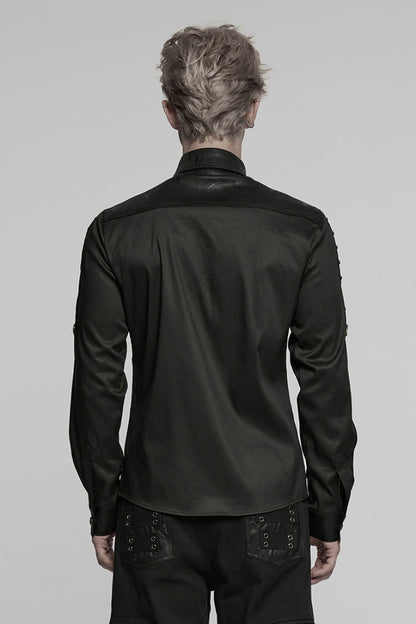 Black Lapel Collar Long Sleeves Stitching Pin Mesh Men's Punk Blouse
